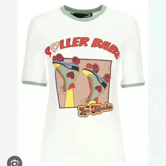 NWT Love Moschino Roller Babe Ringer Tee Shirt White 4 - Picture 1 of 5